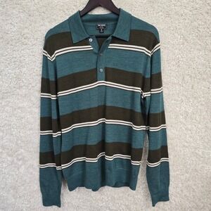 Todd Snyder Polo Shirt Mens Medium Green Striped Italian Merino Wool Long Sleeve